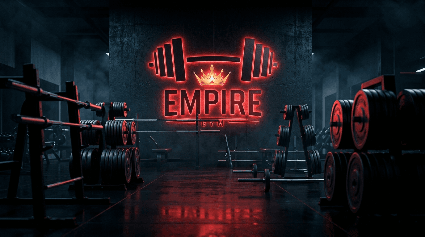 The glowing EMPIRE emblem on the gym wall